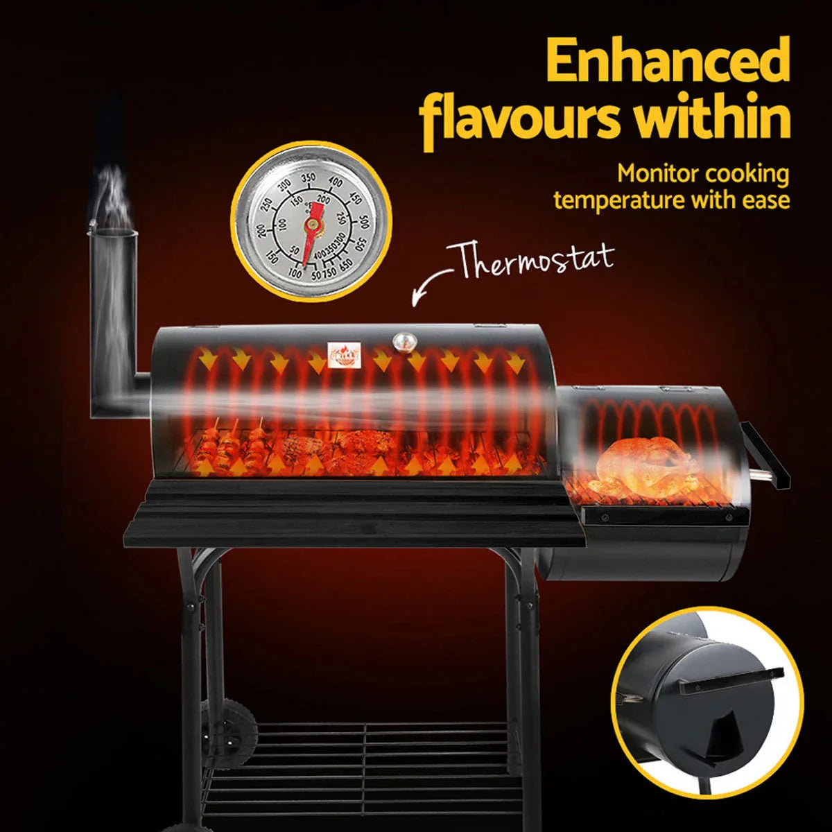 2 in1 BBQ Smoker Charcoal Grill Roaster Portable Offset Outdoor Camping Barbecue - Mekamart Australia