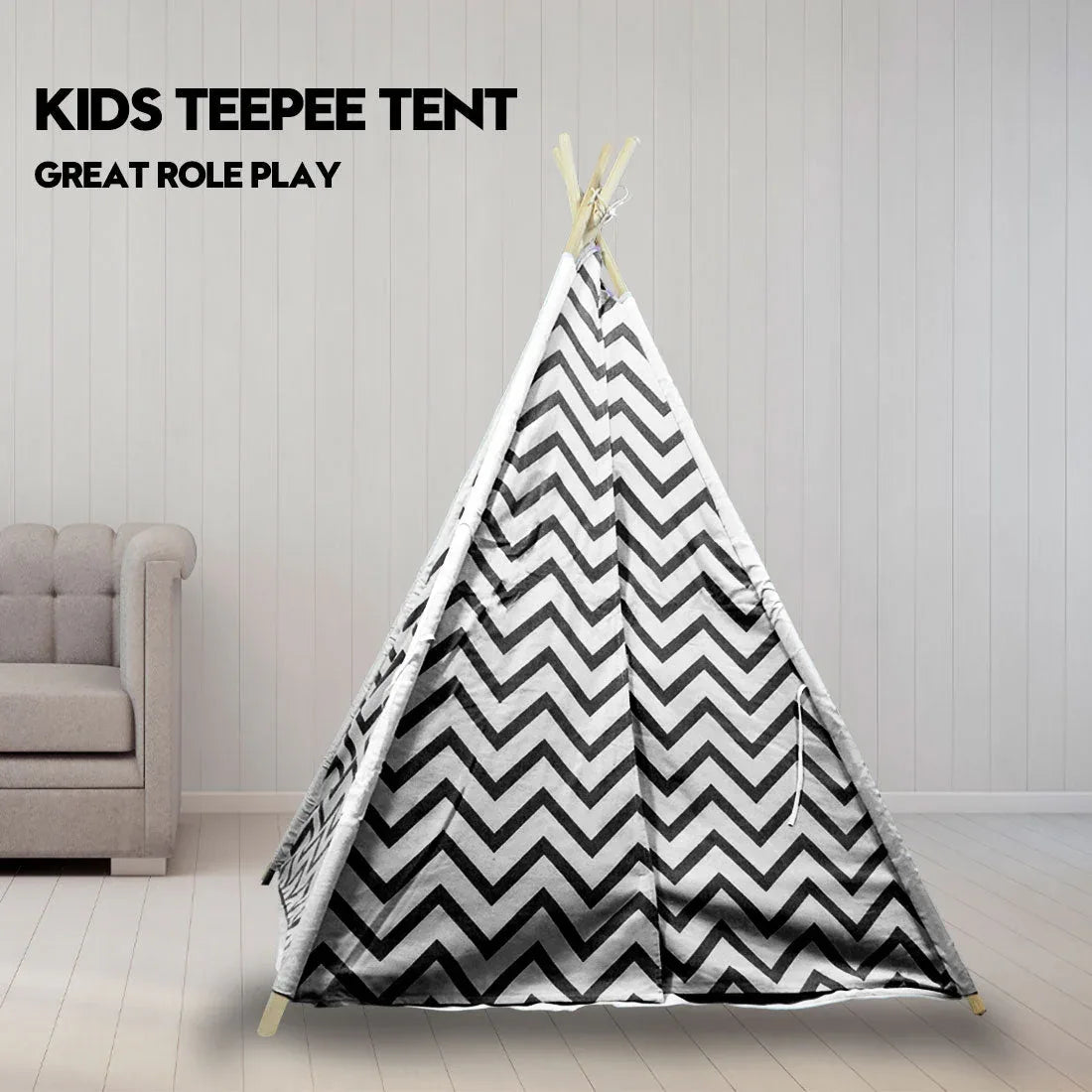 Giant Cotton Canvas Kids Teepee Wigwam Children Pretend Play Tent Indoor Outdoor Party - black - Mekamart Australia