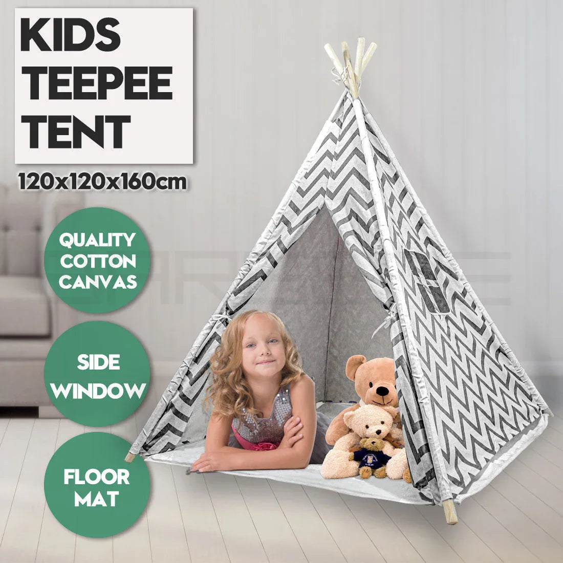 Giant Cotton Canvas Kids Teepee Wigwam Children Pretend Play Tent Indoor Outdoor Party - black - Mekamart Australia