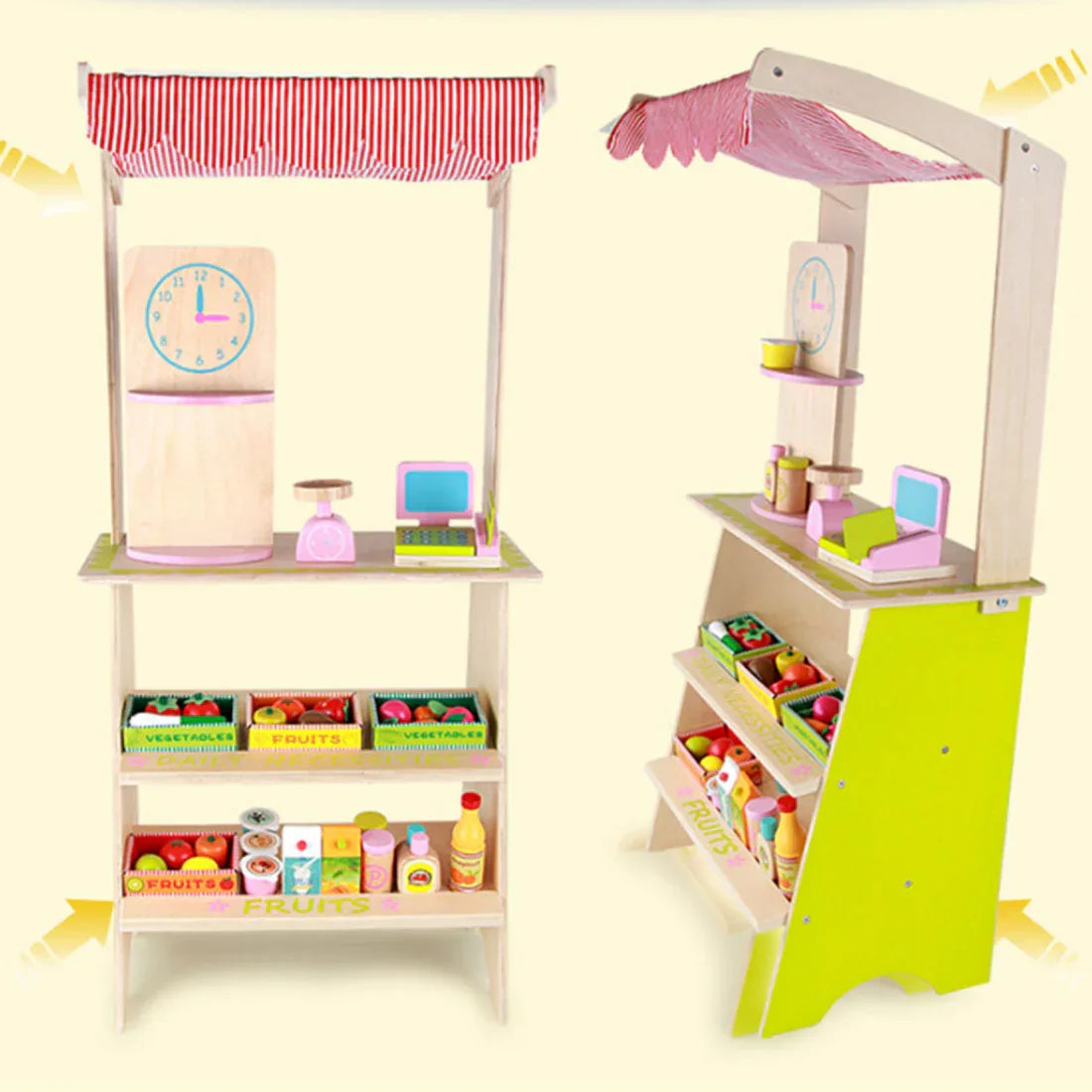 Kids Wooden Toy Pretend Play Marketplace Stand Fruit Veg Shop Stall Supermarket - Mekamart Australia