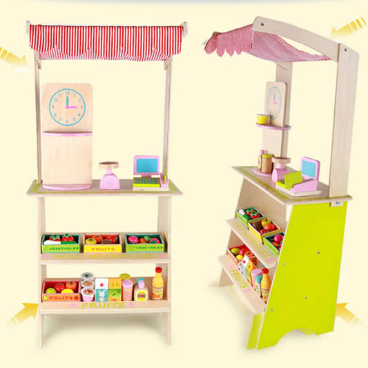 Kids Wooden Toy Pretend Play Marketplace Stand Fruit Veg Shop Stall Supermarket - Mekamart Australia