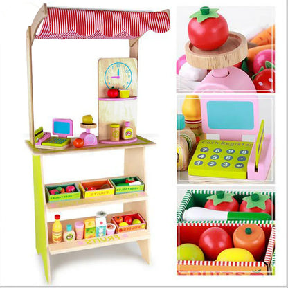 Kids Wooden Toy Pretend Play Marketplace Stand Fruit Veg Shop Stall Supermarket - Mekamart Australia