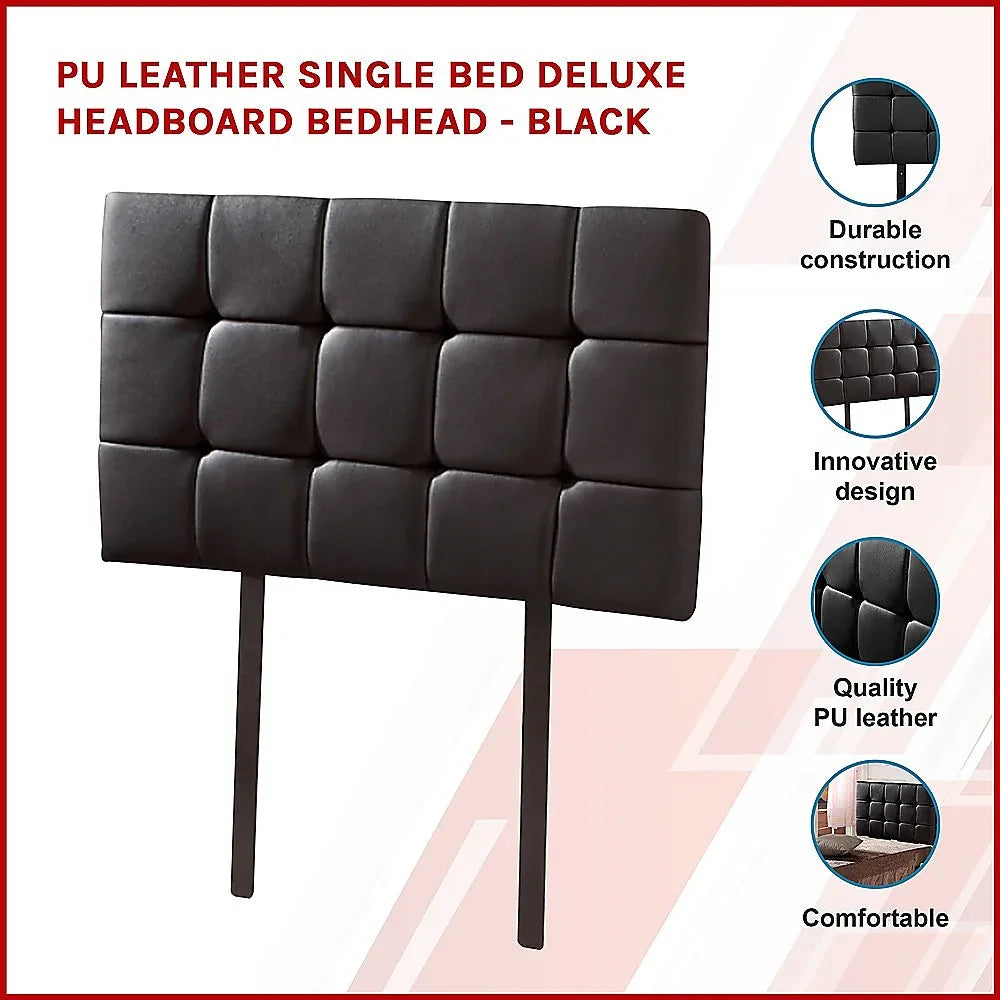 PU Leather Single Bed Deluxe Headboard Bedhead - Black - Mekamart Australia