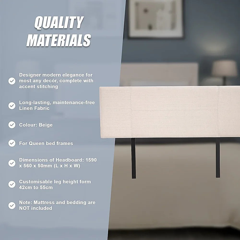 Linen Fabric Queen Bed Headboard Bedhead - Beige - Mekamart Australia