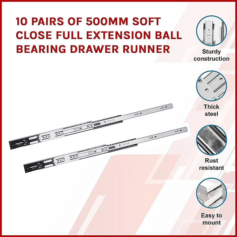 10 Pairs of 500mm Soft Close Full Extension Ball Bearing Drawer Runner - Mekamart Australia