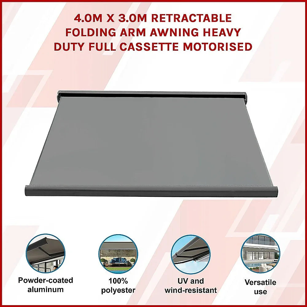 4.0m x 3.0m Retractable Folding Arm Awning Heavy Duty Full Cassette Motorised - Mekamart Australia