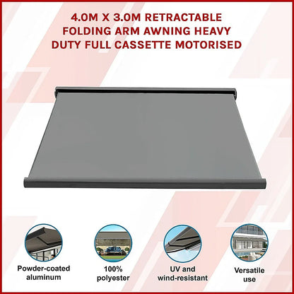 4.0m x 3.0m Retractable Folding Arm Awning Heavy Duty Full Cassette Motorised - Mekamart Australia