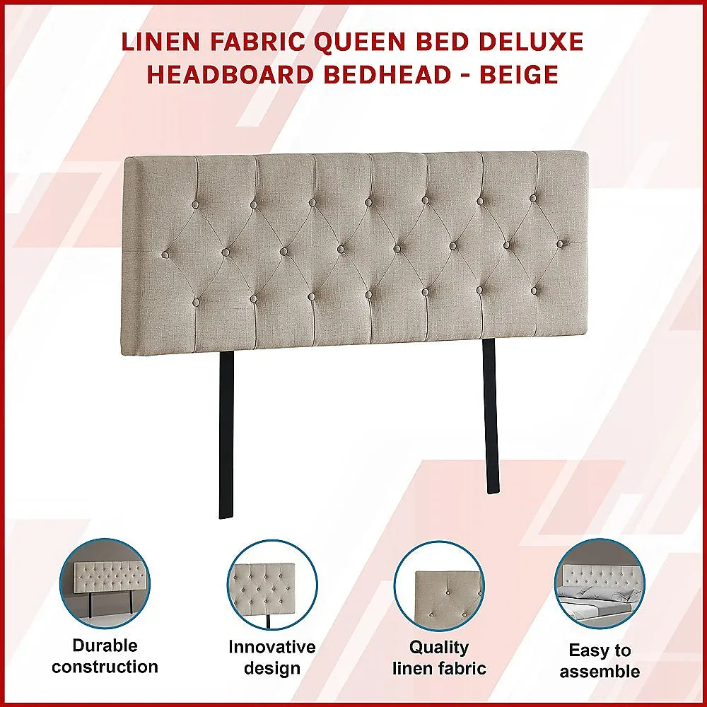 Linen Fabric Queen Bed Deluxe Headboard Bedhead - Beige - Mekamart Australia