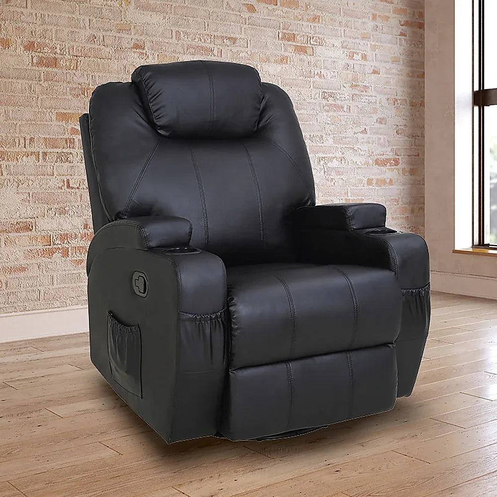 Black Massage Sofa Chair Recliner 360 Degree Swivel PU Leather Lounge 8 Point Heated - Mekamart Australia