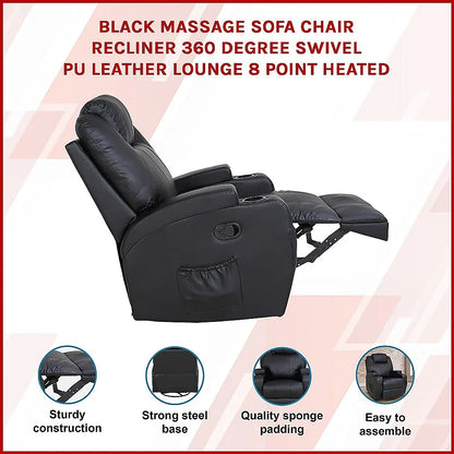 Black Massage Sofa Chair Recliner 360 Degree Swivel PU Leather Lounge 8 Point Heated - Mekamart Australia
