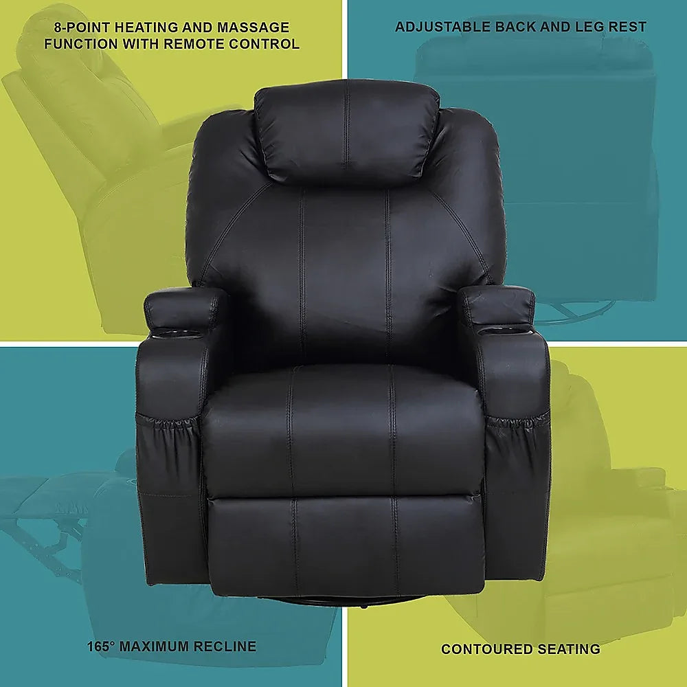 Black Massage Sofa Chair Recliner 360 Degree Swivel PU Leather Lounge 8 Point Heated - Mekamart Australia
