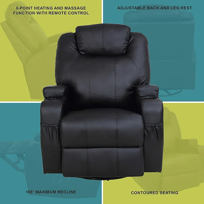 Black Massage Sofa Chair Recliner 360 Degree Swivel PU Leather Lounge 8 Point Heated - Mekamart Australia