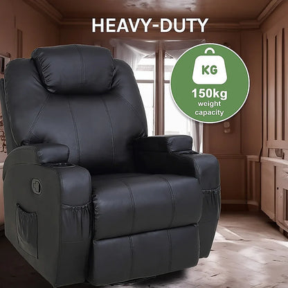 Black Massage Sofa Chair Recliner 360 Degree Swivel PU Leather Lounge 8 Point Heated - Mekamart Australia