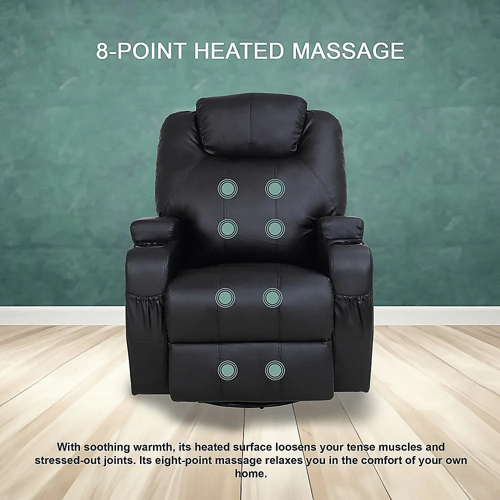 Black Massage Sofa Chair Recliner 360 Degree Swivel PU Leather Lounge 8 Point Heated - Mekamart Australia