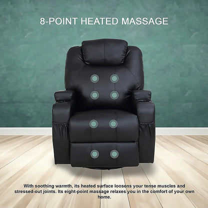 Black Massage Sofa Chair Recliner 360 Degree Swivel PU Leather Lounge 8 Point Heated - Mekamart Australia
