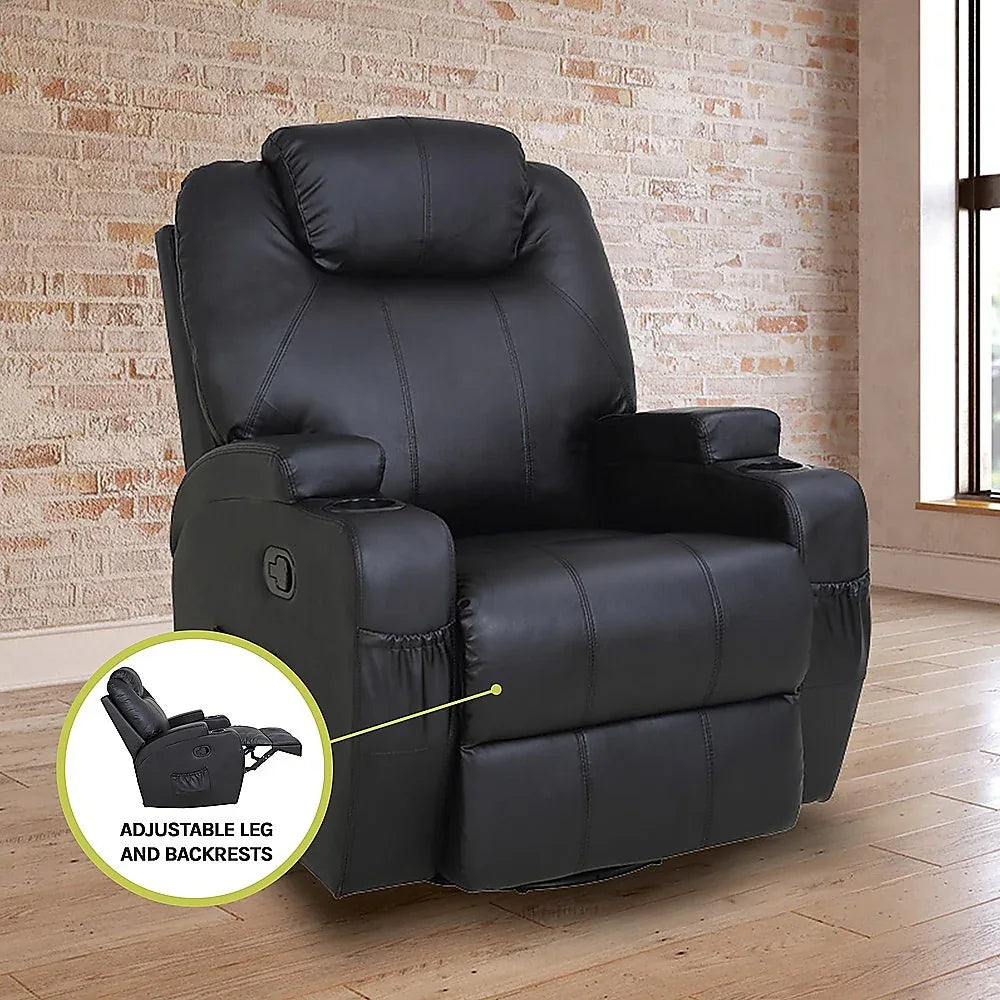 Black Massage Sofa Chair Recliner 360 Degree Swivel PU Leather Lounge 8 Point Heated - Mekamart Australia