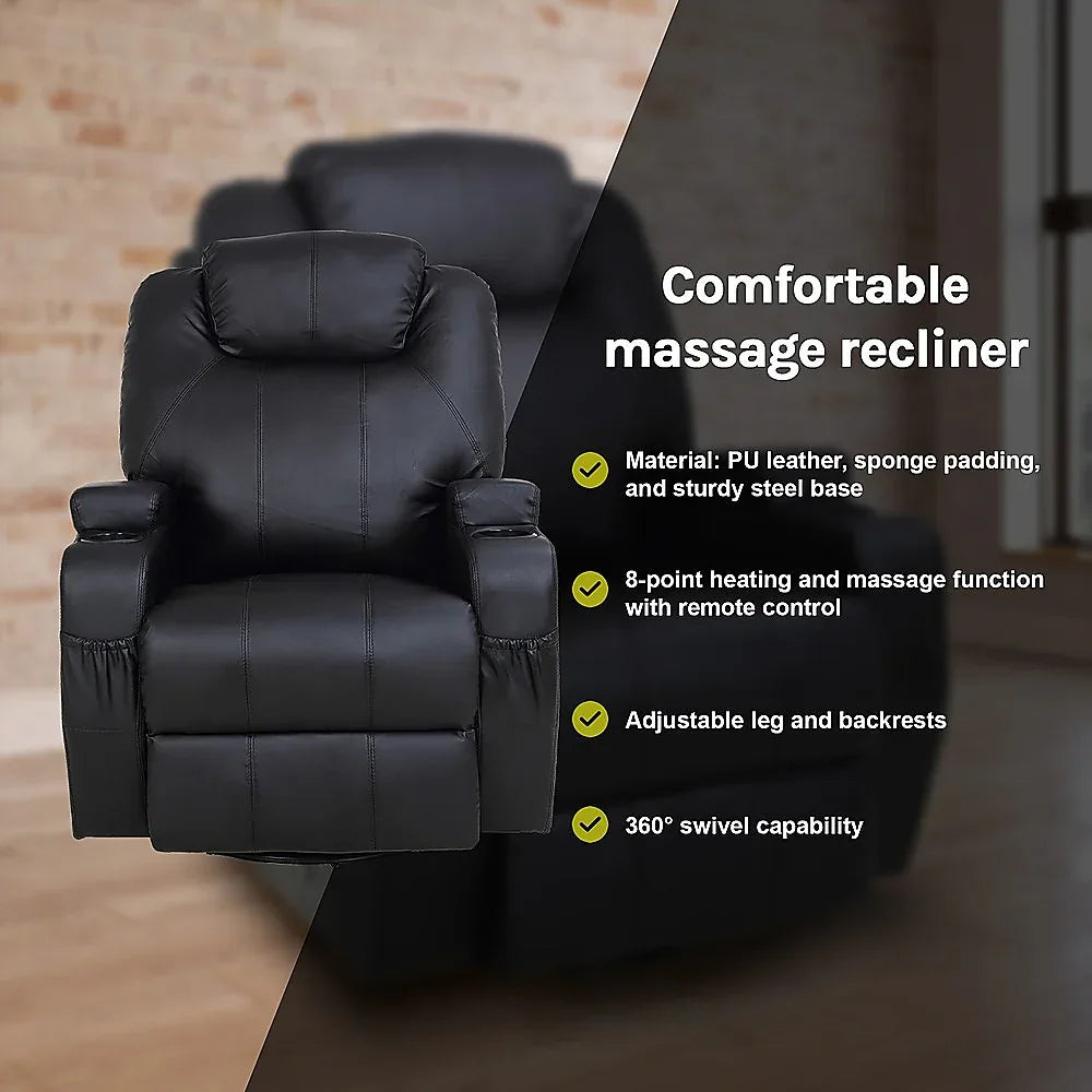Black Massage Sofa Chair Recliner 360 Degree Swivel PU Leather Lounge 8 Point Heated - Mekamart Australia
