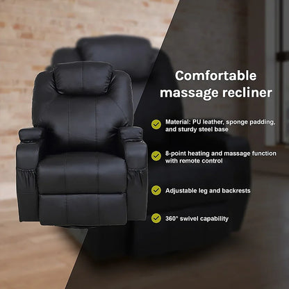Black Massage Sofa Chair Recliner 360 Degree Swivel PU Leather Lounge 8 Point Heated - Mekamart Australia