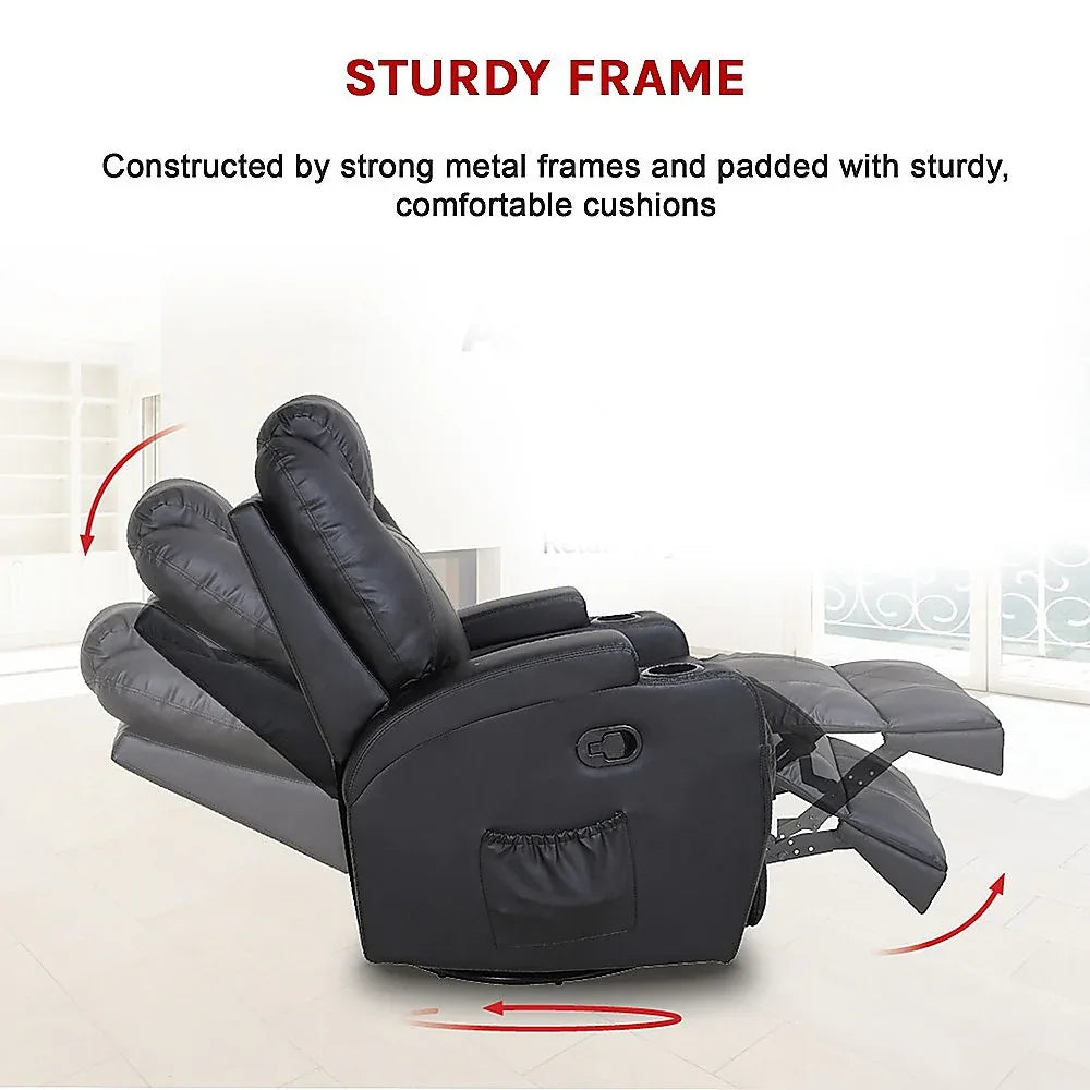 Black Massage Sofa Chair Recliner 360 Degree Swivel PU Leather Lounge 8 Point Heated - Mekamart Australia