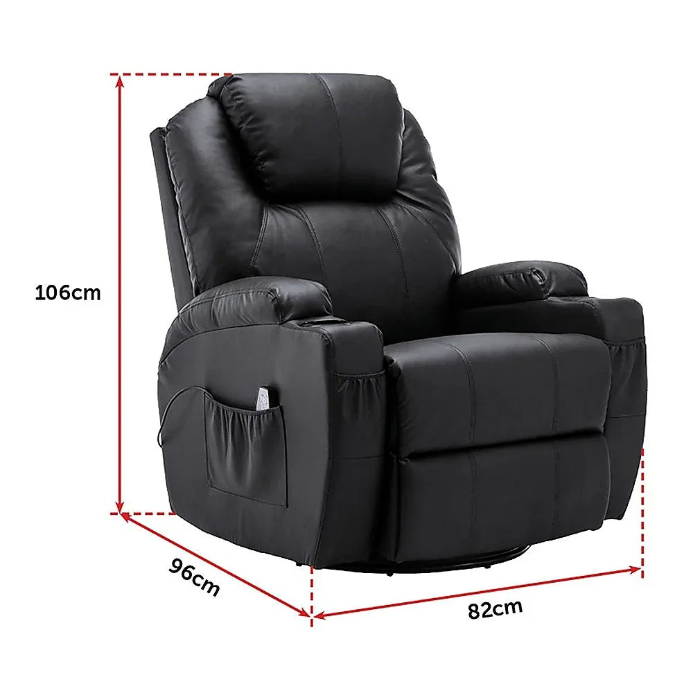 Black Massage Sofa Chair Recliner 360 Degree Swivel PU Leather Lounge 8 Point Heated - Mekamart Australia
