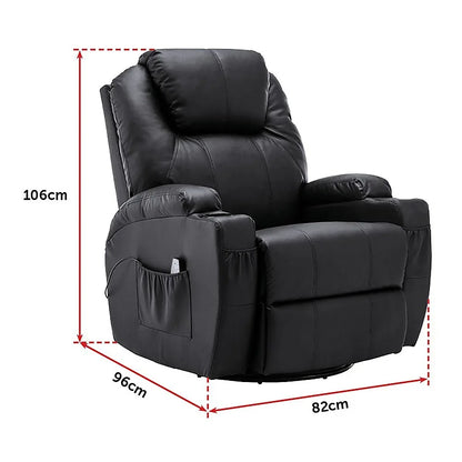Black Massage Sofa Chair Recliner 360 Degree Swivel PU Leather Lounge 8 Point Heated - Mekamart Australia