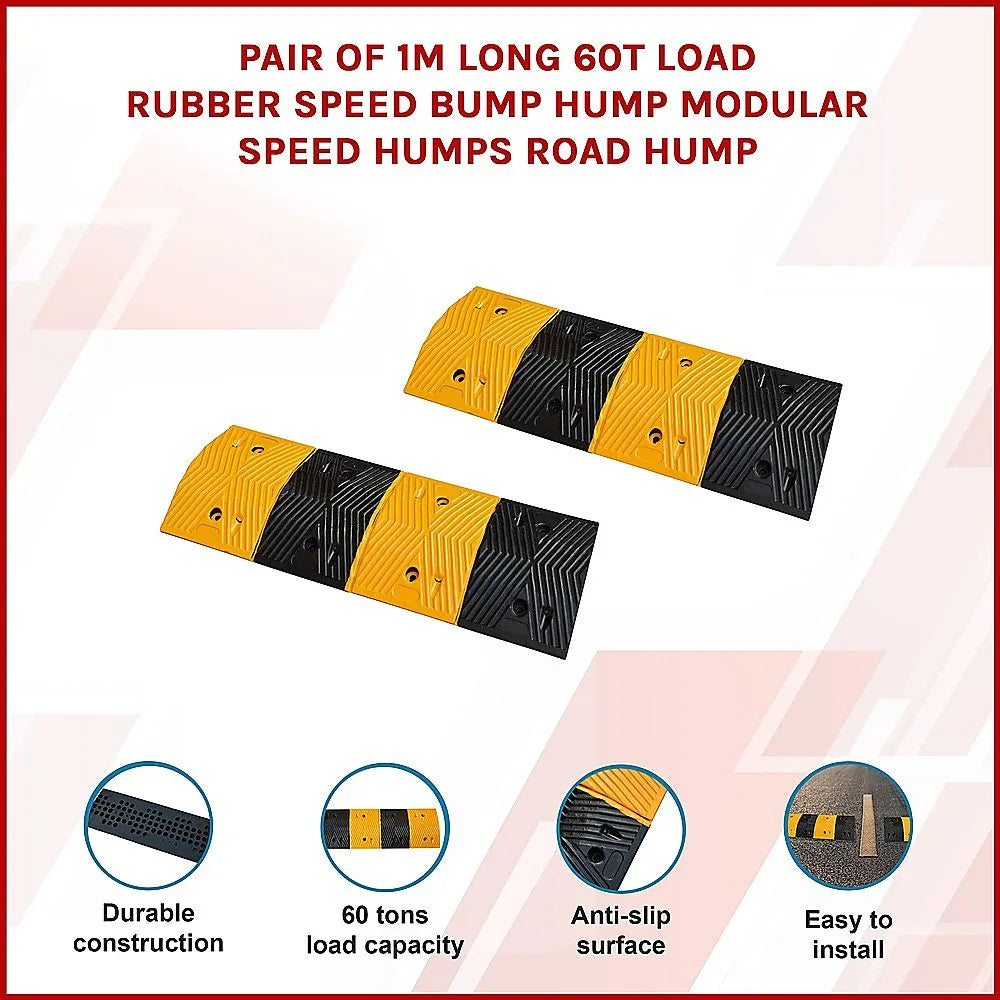 Pair of 1m Long 60T Load Rubber Speed Bump Hump Modular Speed Humps Road Hump - Mekamart Australia