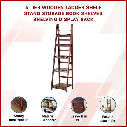 5 Tier Wooden Ladder Shelf Stand Storage Book Shelves Shelving Display Rack - Mekamart Australia