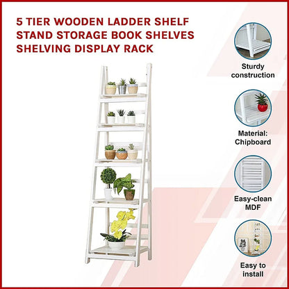 5 Tier Wooden Ladder Shelf Stand Storage Book Shelves Shelving Display Rack - Mekamart Australia