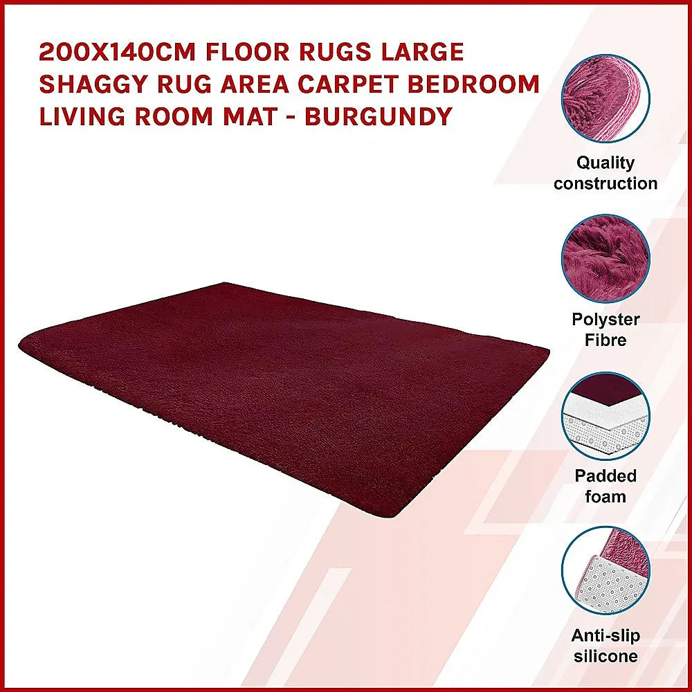 200x140cm Floor Rugs Large Shaggy Rug Area Carpet Bedroom Living Room Mat - Burgundy - Mekamart Australia
