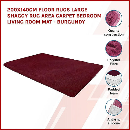 200x140cm Floor Rugs Large Shaggy Rug Area Carpet Bedroom Living Room Mat - Burgundy - Mekamart Australia