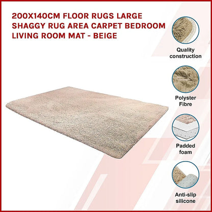 200x140cm Floor Rugs Large Shaggy Rug Area Carpet Bedroom Living Room Mat - Beige - Mekamart Australia