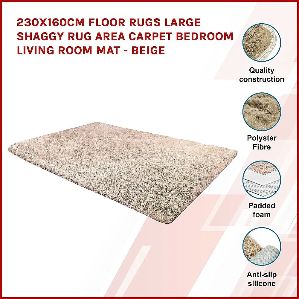 230x160cm Floor Rugs Large Shaggy Rug Area Carpet Bedroom Living Room Mat - Beige - Mekamart Australia