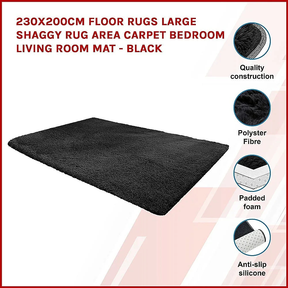 230x160cm Floor Rugs Large Shaggy Rug Area Carpet Bedroom Living Room Mat - Black - Mekamart Australia