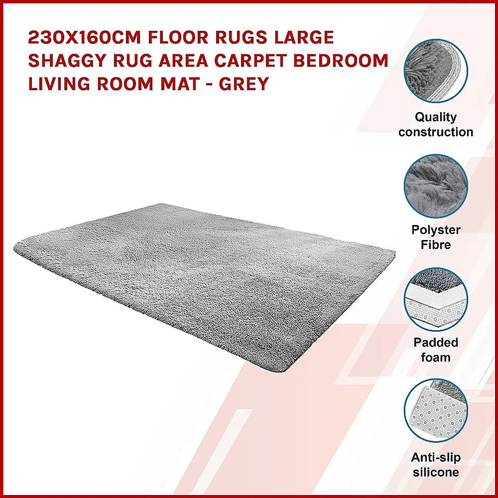 230x160cm Floor Rugs Large Shaggy Rug Area Carpet Bedroom Living Room Mat - Grey - Mekamart Australia