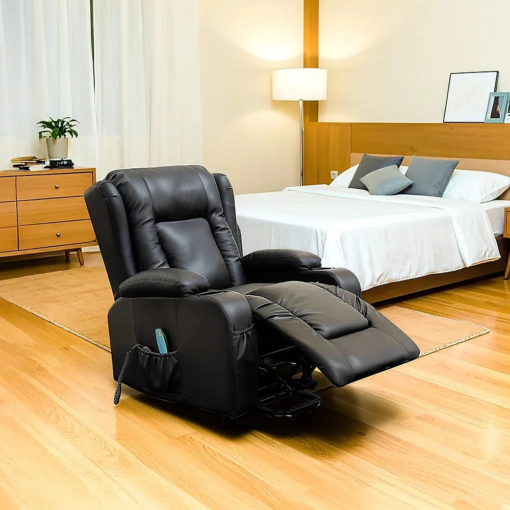 Recliner Chair – Electric Massage Lift Chair with Heat Function PU Leather Lounge Sofa Black - Mekamart Australia