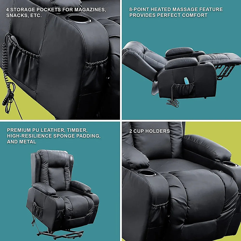 Recliner Chair – Electric Massage Lift Chair with Heat Function PU Leather Lounge Sofa Black - Mekamart Australia