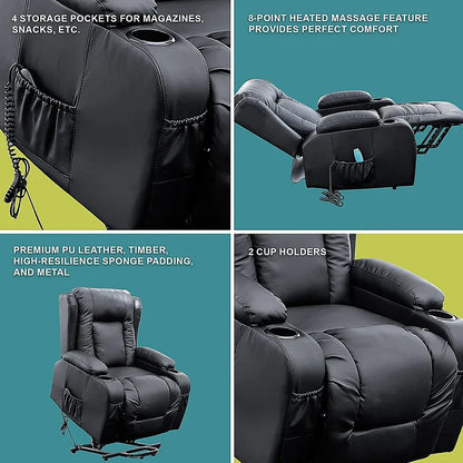 Recliner Chair – Electric Massage Lift Chair with Heat Function PU Leather Lounge Sofa Black - Mekamart Australia