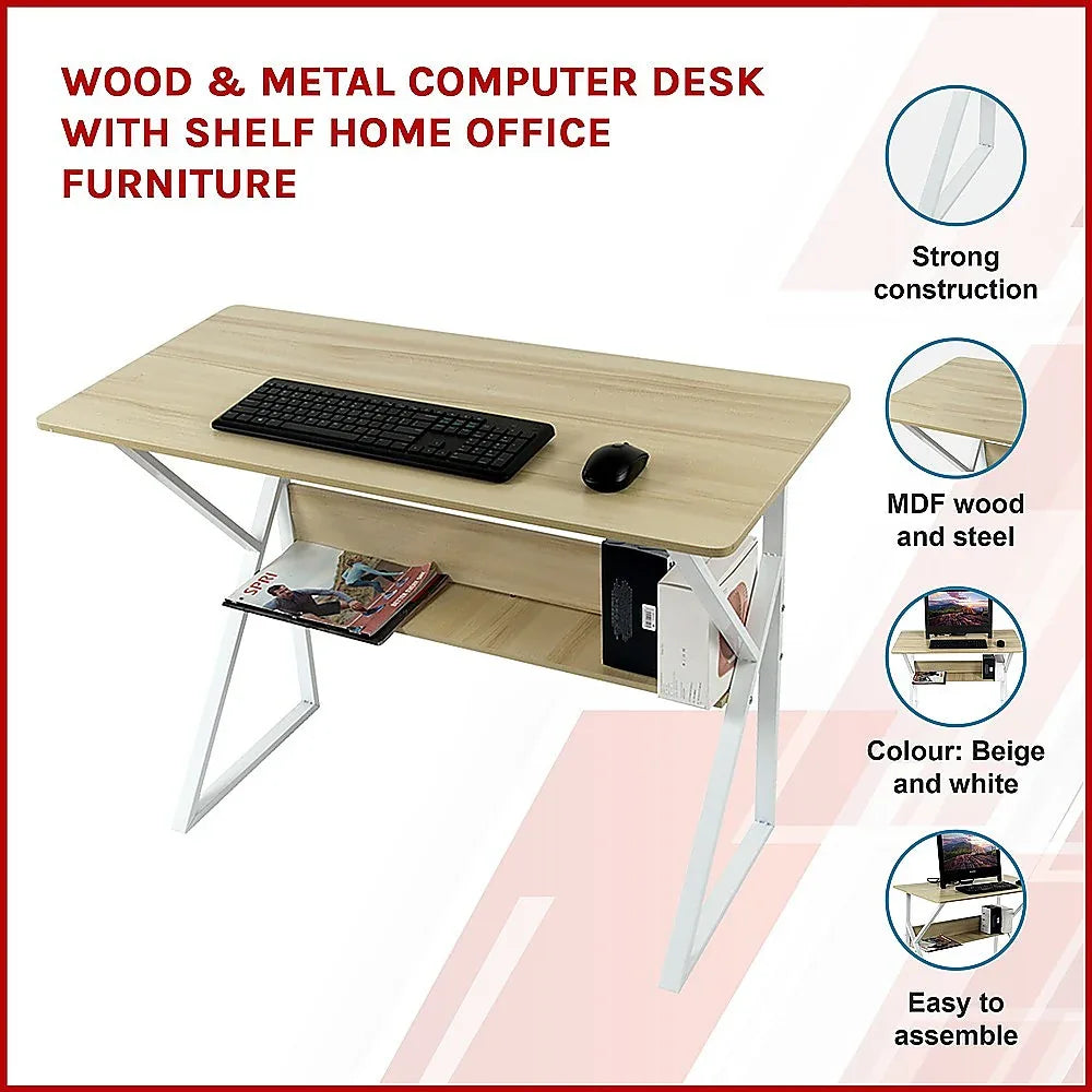 Wood & Metal Computer Desk with Shelf Home Office Furniture - Mekamart Australia
