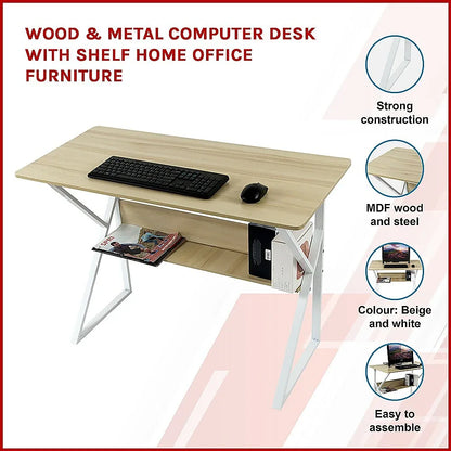 Wood & Metal Computer Desk with Shelf Home Office Furniture - Mekamart Australia