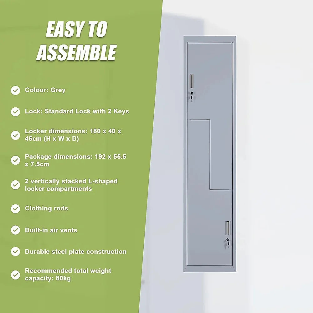 Grey Two-Door L-shaped Office Gym Shed Storage Lockers - Mekamart Australia