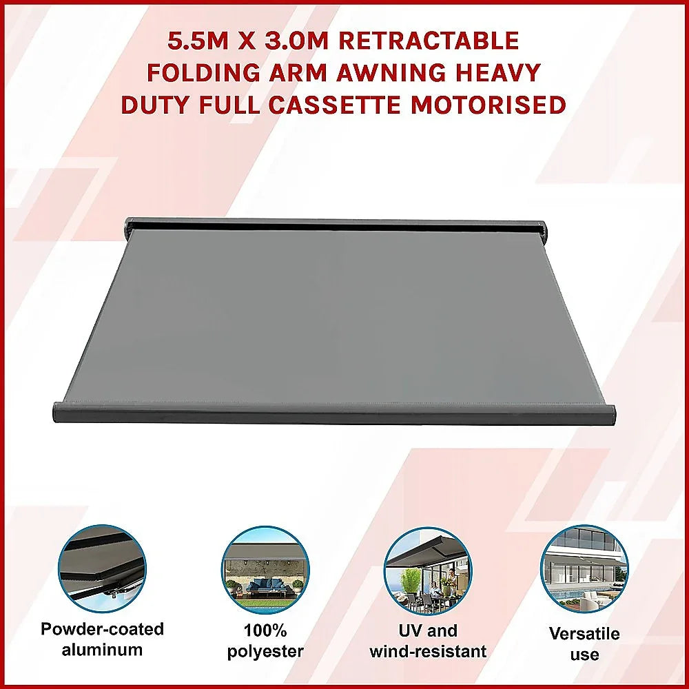 5.5m x 3.0m Retractable Folding Arm Awning Heavy Duty Full Cassette Motorised - Mekamart Australia