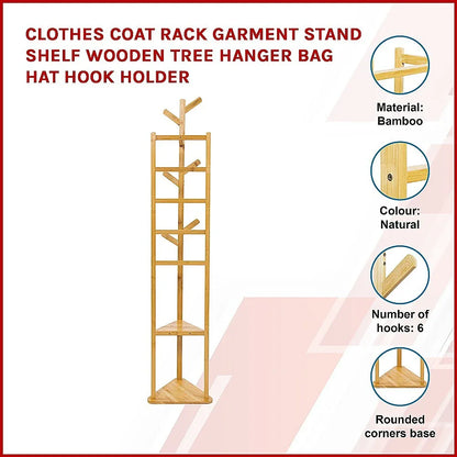 Clothes Coat Rack Garment Stand Shelf Wooden Tree Hanger Bag Hat Hook Holder - Mekamart Australia
