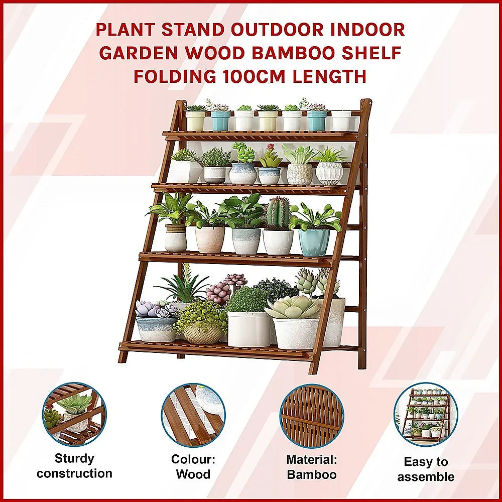 Plant Stand Outdoor Indoor Garden Wood Bamboo Shelf Folding 100CM Length - Mekamart Australia