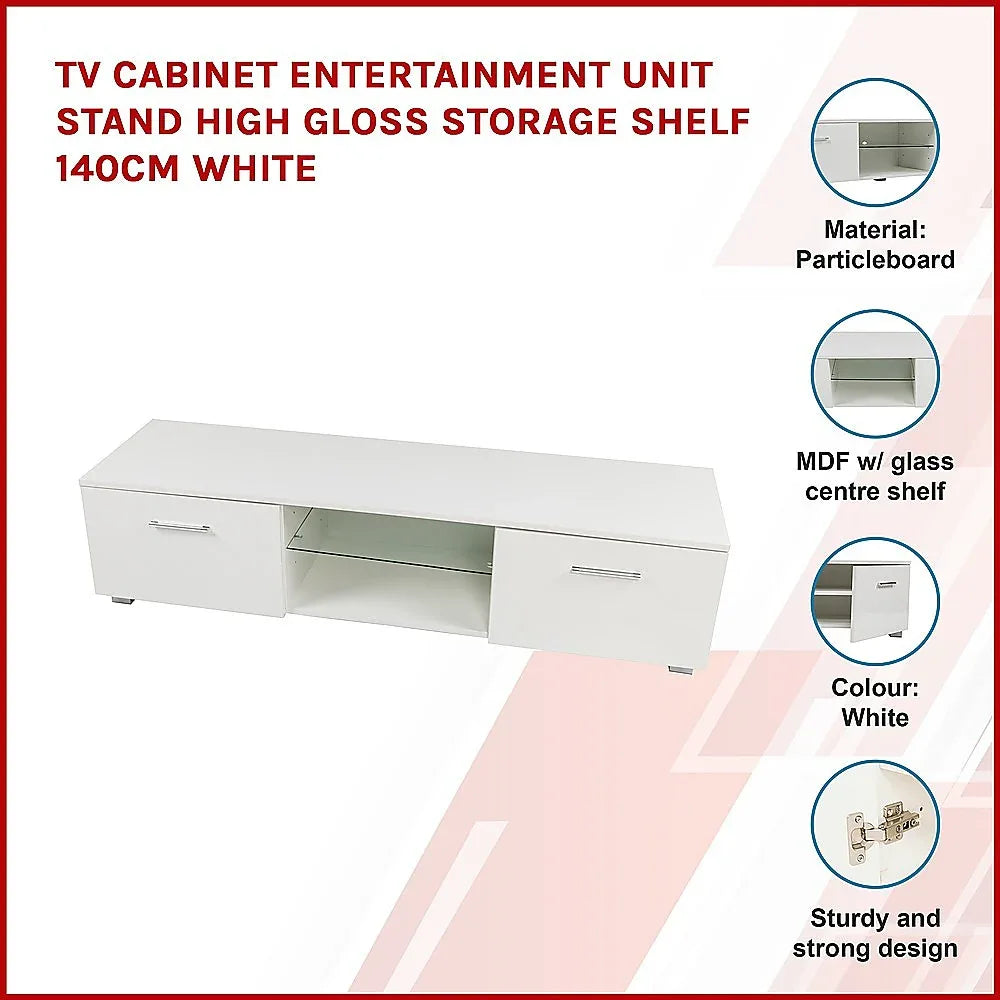 TV Cabinet Entertainment Unit Stand High Gloss Storage Shelf 140cm White - Mekamart Australia