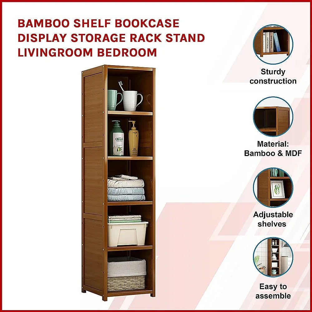 Bamboo 5-Shelf Bookcase – Tall Display Storage Rack Stand for Living Room, Bedroom, Office or Home Organisation - Mekamart Australia