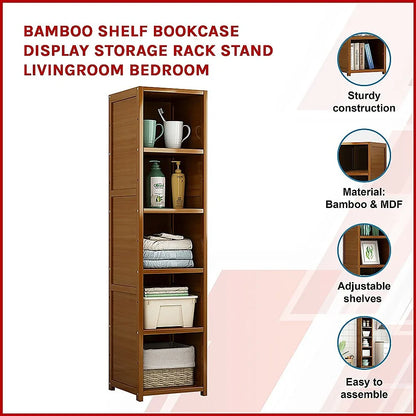 Bamboo 5-Shelf Bookcase – Tall Display Storage Rack Stand for Living Room, Bedroom, Office or Home Organisation - Mekamart Australia