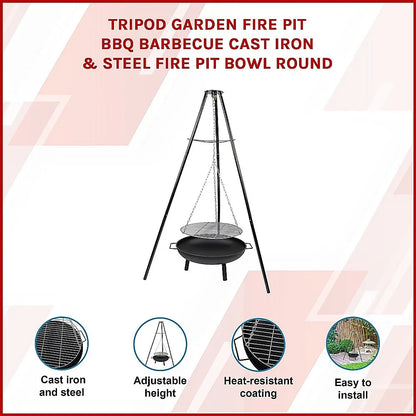 Tripod Garden Fire Pit BBQ – Cast Iron & Steel Round Outdoor Fire Bowl - Mekamart Australia