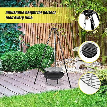 Tripod Garden Fire Pit BBQ – Cast Iron & Steel Round Outdoor Fire Bowl - Mekamart Australia