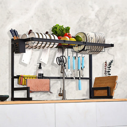 85cm Dish Drying Rack Drainer Over Sink Steel Cup Cutlery Organizer 2 Tier