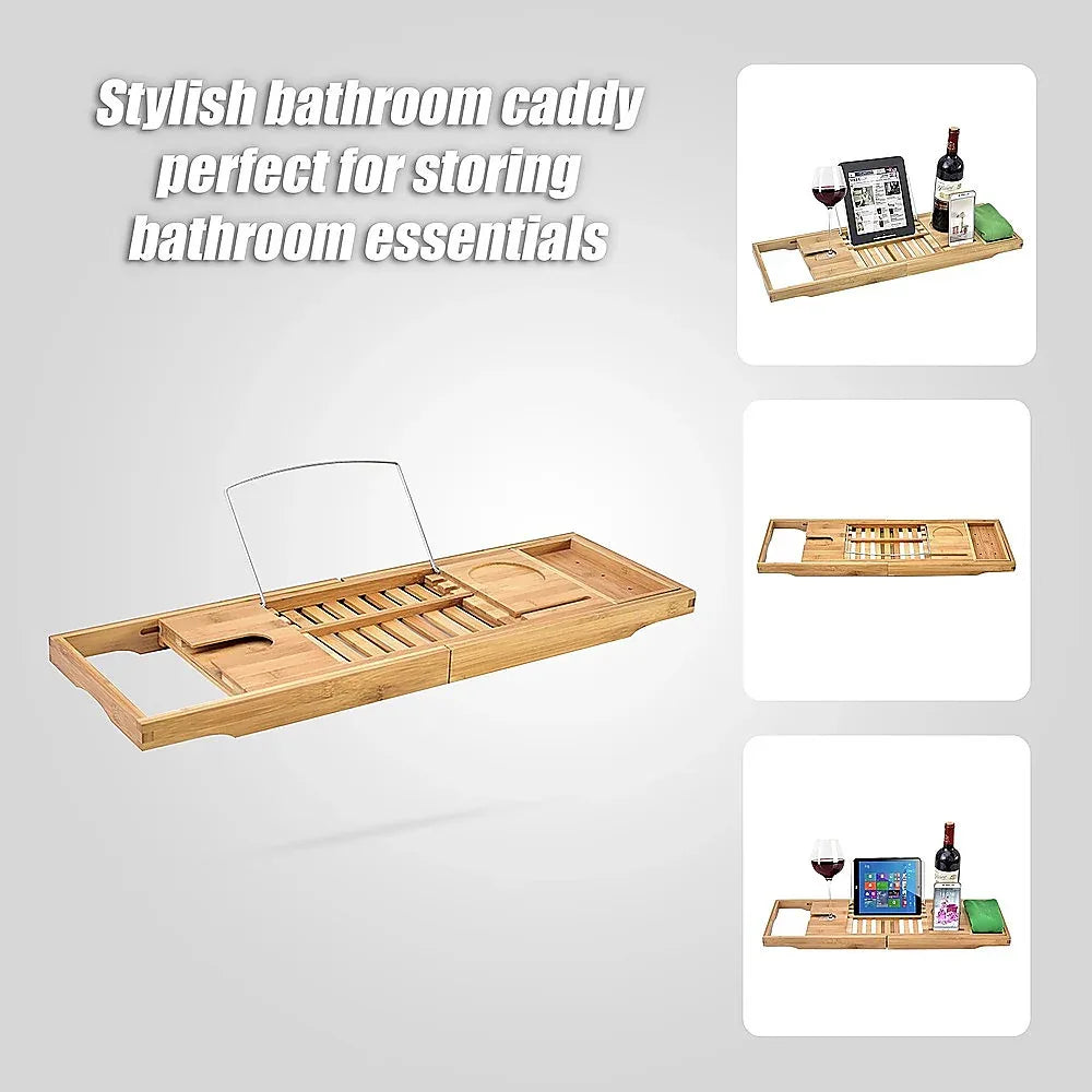 Bathroom Bamboo Bath Caddy Wine Glass Holder Table Tray Bathtub Rack Soap Shelf - Mekamart Australia